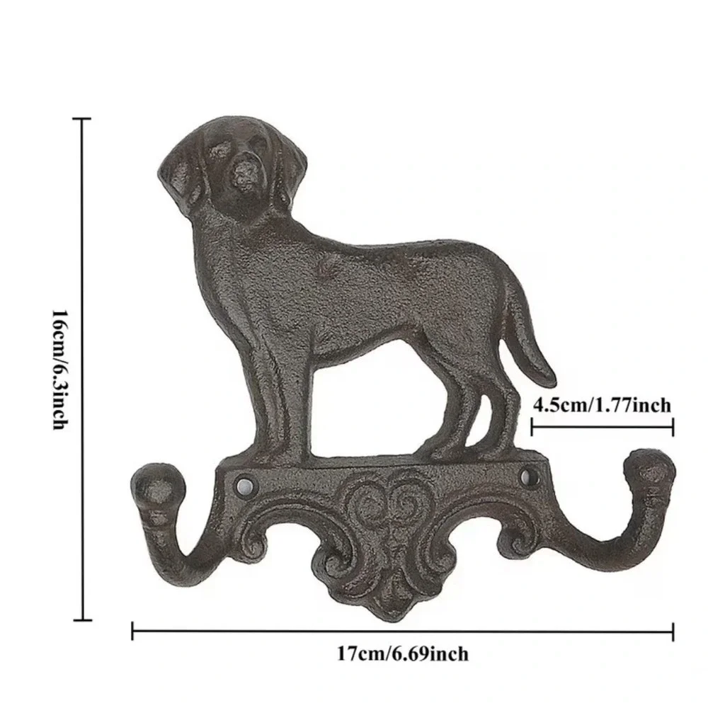 Cast Iron Dog Double Wall Hook Leash Holder Key Rack Coat Towel Rustic Brown